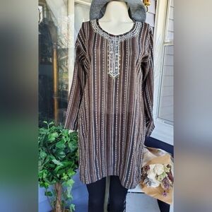 VTG Beaded Sequined Brown Striped Longsleeved Kurti / Tunic Top Unisex